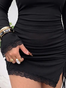 GalTyme Plus Size Solid Color Lace Patchwork Side Slit Dress Fall - Black - View 7