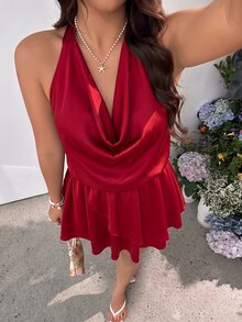 GalTyme 大尺碼女款純色垂領優雅掛脖洋裝 - 紅色 - 查看 5