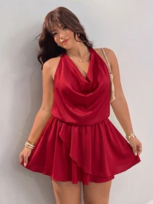 GalTyme 大尺碼女款純色垂領優雅掛脖洋裝 - 紅色 - 查看 4