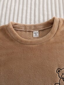SHEIN 2件組男士圓領熊刺繡格紋印花毛絨休閒長袖褲保暖柔軟抓絨家居服套裝 秋季 - 杏色 - 查看 4