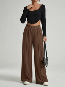 Shapeblank Plus Size Women's Chocolate Brown Wide-Leg Pants,Autumn Casual Everyday Business Commuting Texture Fabric Solid Baggy Trousers With Pocket,Spring Fall - Brown - View 6