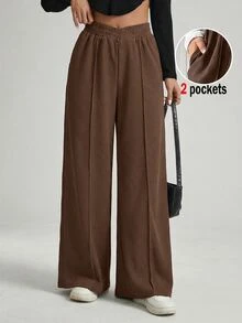 Shapeblank Plus Size Women's Chocolate Brown Wide-Leg Pants,Autumn Casual Everyday Business Commuting Texture Fabric Solid Baggy Trousers With Pocket,Spring Fall - Brown - View 11