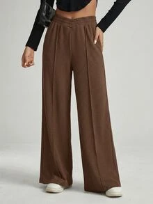 Shapeblank Plus Size Women's Chocolate Brown Wide-Leg Pants,Autumn Casual Everyday Business Commuting Texture Fabric Solid Baggy Trousers With Pocket,Spring Fall - Brown - View 5