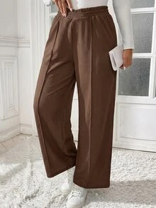 Shapeblank Plus Size Women's Chocolate Brown Wide-Leg Pants,Autumn Casual Everyday Business Commuting Texture Fabric Solid Baggy Trousers With Pocket,Spring Fall - Brown - View 9