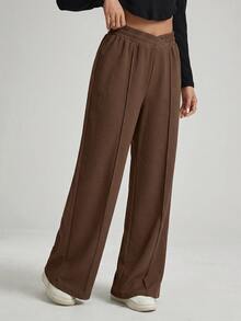 Shapeblank Plus Size Women's Chocolate Brown Wide-Leg Pants,Autumn Casual Everyday Business Commuting Texture Fabric Solid Baggy Trousers With Pocket,Spring Fall - Brown - View 4