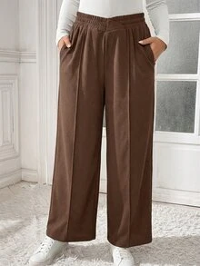 Shapeblank Plus Size Women's Chocolate Brown Wide-Leg Pants,Autumn Casual Everyday Business Commuting Texture Fabric Solid Baggy Trousers With Pocket,Spring Fall - Brown - View 8