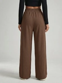 Shapeblank Plus Size Women's Chocolate Brown Wide-Leg Pants,Autumn Casual Everyday Business Commuting Texture Fabric Solid Baggy Trousers With Pocket,Spring Fall - Brown - View 3