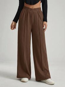 Shapeblank Plus Size Women's Chocolate Brown Wide-Leg Pants,Autumn Casual Everyday Business Commuting Texture Fabric Solid Baggy Trousers With Pocket,Spring Fall - Brown - View 7