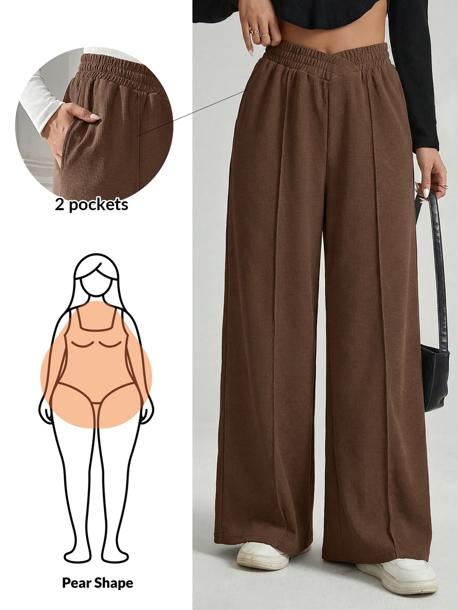 Shapeblank Plus Size Women's Chocolate Brown Wide-Leg Pants,Autumn Casual Everyday Business Commuting Texture Fabric Solid Baggy Trousers With Pocket,Spring Fall