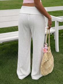 SHEIN EZwear Women's Solid Color Folded Waist Straight Leg Loose Fit Long Pants - White - View 2
