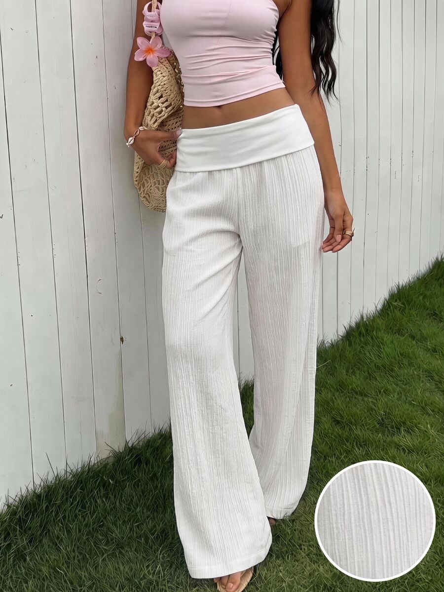 SHEIN EZwear 女款純色摺腰直筒寬鬆長褲 - 白色 - 查看 1