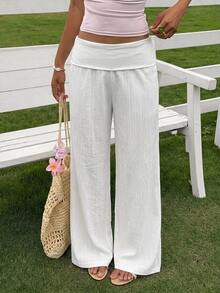 SHEIN EZwear Women's Solid Color Folded Waist Straight Leg Loose Fit Long Pants - White - View 8