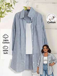 Rusticease Plus Size Long Sleeve Casual Striped Shirt,Fall Women Clothes - Blue and White - View 2