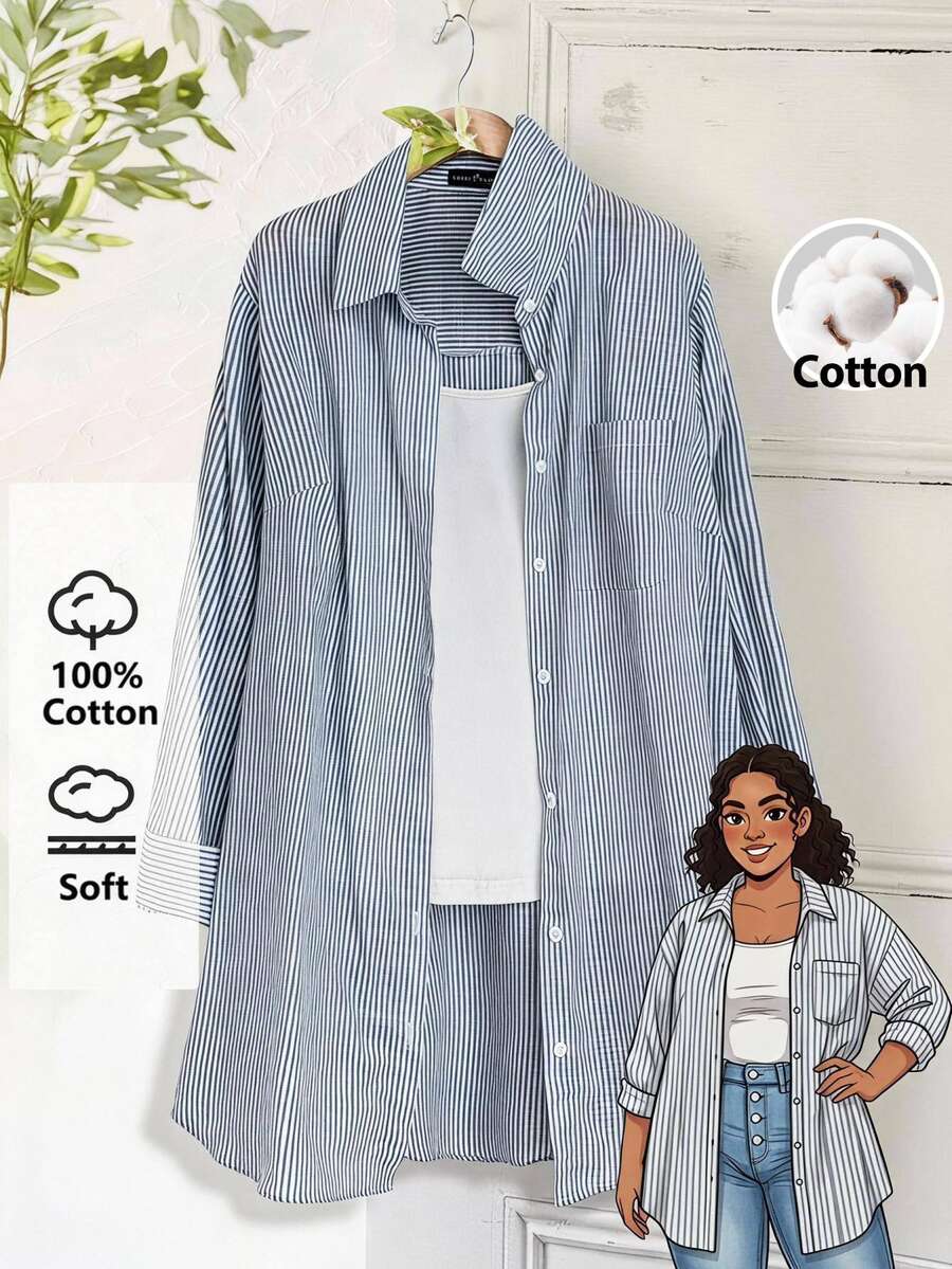 Rusticease Plus Size Long Sleeve Casual Striped Shirt,Fall Women Clothes
