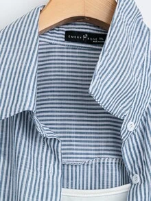 Rusticease Plus Size Long Sleeve Casual Striped Shirt,Fall Women Clothes - Blue and White - View 5