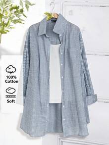 Rusticease Plus Size Long Sleeve Casual Striped Shirt,Fall Women Clothes - Blue and White - View 8