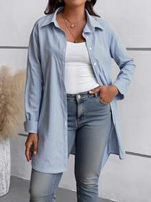 Rusticease Plus Size Long Sleeve Casual Striped Shirt,Fall Women Clothes - Blue and White - View 10