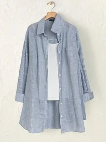 Rusticease Plus Size Long Sleeve Casual Striped Shirt,Fall Women Clothes - Blue and White - View 9