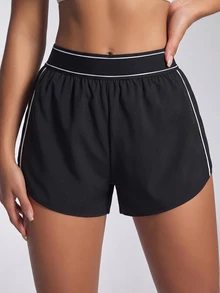 CourtClass CourtClass Spring Summer Women's Sports Shorts Black Loose 2 In 1 Color Block Striped High Elastic Waistband Side Patchwork Inner Lining Pockets Running Gym - Black - View 6