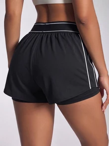 CourtClass CourtClass Spring Summer Women's Sports Shorts Black Loose 2 In 1 Color Block Striped High Elastic Waistband Side Patchwork Inner Lining Pockets Running Gym - Black - View 8