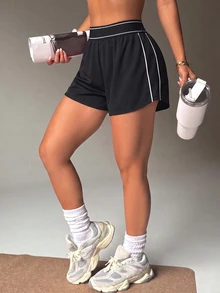 CourtClass CourtClass Spring Summer Women's Sports Shorts Black Loose 2 In 1 Color Block Striped High Elastic Waistband Side Patchwork Inner Lining Pockets Running Gym - Black - View 3