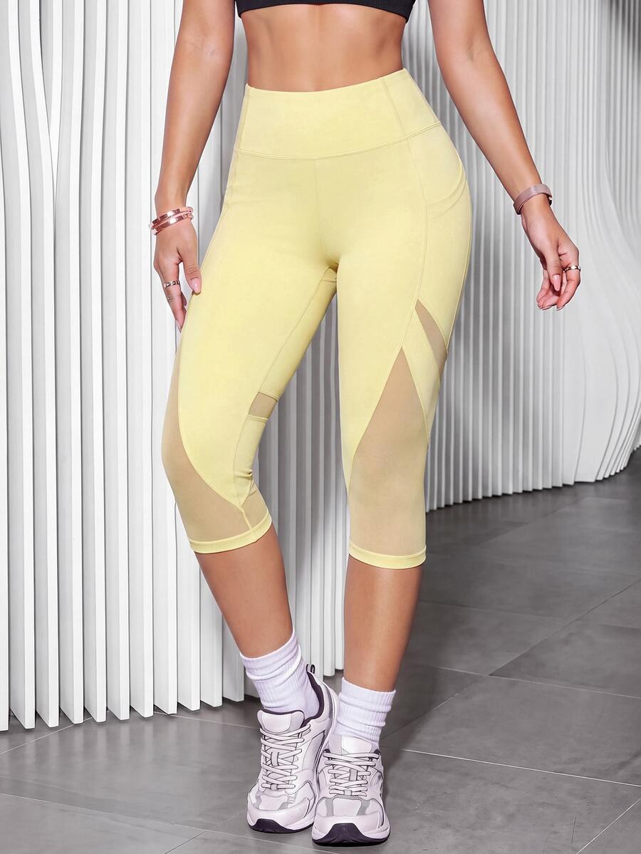 Slayform Slayform Women's Solid Color High Waist Spliced Mesh 3/4 Length Athletic Leggings - Yellow - View 1