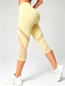 Slayform Slayform Women's Solid Color High Waist Spliced Mesh 3/4 Length Athletic Leggings - Yellow - View 2