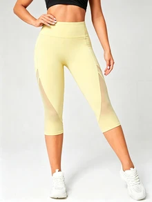 Slayform Slayform Women's Solid Color High Waist Spliced Mesh 3/4 Length Athletic Leggings - Yellow - View 3