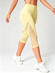 Slayform Slayform Women's Solid Color High Waist Spliced Mesh 3/4 Length Athletic Leggings - Yellow - View 4