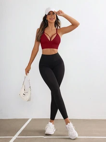 Slayform Slayform Women's Solid Color Cutout Design Daily Gym Fitness Athleisure Sports Bra Burgundy Red Summer - Burgundy - View 4