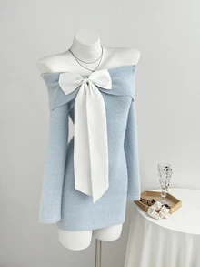 Elamini Women's Autumn/Winter Off-Shoulder Faux Mink Fur Bow Decor Ruched Cute Versatile Atmosphere Knit Sweater Dress - Baby Blue - View 6