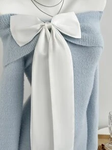 Elamini Women's Autumn/Winter Off-Shoulder Faux Mink Fur Bow Decor Ruched Cute Versatile Atmosphere Knit Sweater Dress - Baby Blue - View 5