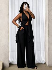 Zolique New Sexy And Fashionable Neck Hanging Strap Texture Fabric Shorts Two Pieces Set - Black - View 5