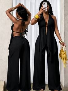 Zolique New Sexy And Fashionable Neck Hanging Strap Texture Fabric Shorts Two Pieces Set - Black - View 6