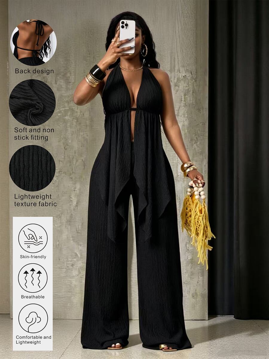 Zolique New Sexy And Fashionable Neck Hanging Strap Texture Fabric Shorts Two Pieces Set - Black - View 1