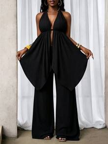 Zolique New Sexy And Fashionable Neck Hanging Strap Texture Fabric Shorts Two Pieces Set - Black - View 3