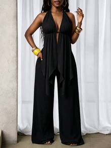 Zolique New Sexy And Fashionable Neck Hanging Strap Texture Fabric Shorts Two Pieces Set - Black - View 4