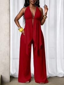 SHEIN BamGlam New Sexy And Fashionable Neck Hanging Strap Texture Fabric Shorts Two Pieces Set - Burgundy - View 7