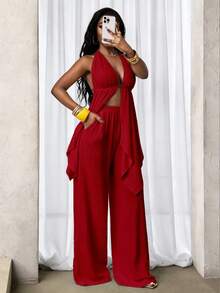 SHEIN BamGlam New Sexy And Fashionable Neck Hanging Strap Texture Fabric Shorts Two Pieces Set - Burgundy - View 5