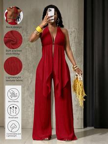SHEIN BamGlam New Sexy And Fashionable Neck Hanging Strap Texture Fabric Shorts Two Pieces Set - Burgundy - View 1