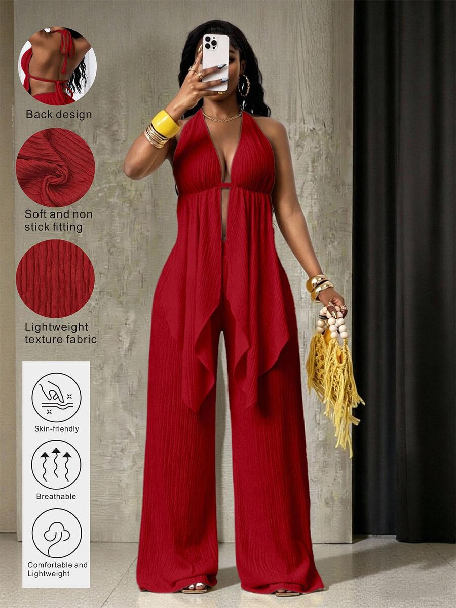 SHEIN BamGlam New Sexy And Fashionable Neck Hanging Strap Texture Fabric Shorts Two Pieces Set - Burgundy - View 1