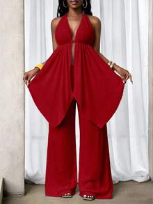 SHEIN BamGlam New Sexy And Fashionable Neck Hanging Strap Texture Fabric Shorts Two Pieces Set - Burgundy - View 3