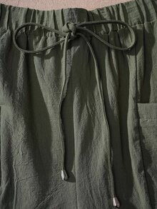 Rusticease 女式大码时尚休闲宽松短裤，带口袋设计 - 軍綠色 - 查看 4