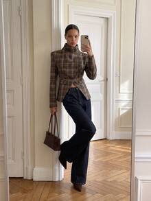AiiRZ Cropped Plaid Blazer Jacket With Asymmetric Draped Lapel And Structured Shoulders For Fall Winter Tailored Style - Multicolor - View 1