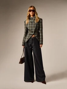 AiiRZ Cropped Plaid Blazer Jacket With Asymmetric Draped Lapel And Structured Shoulders For Fall Winter Tailored Style - Multicolor - View 4