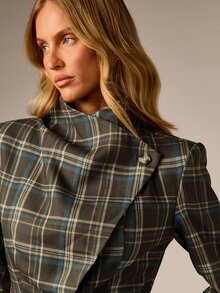 AiiRZ Cropped Plaid Blazer Jacket With Asymmetric Draped Lapel And Structured Shoulders For Fall Winter Tailored Style - Multicolor - View 2