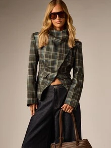 AiiRZ Cropped Plaid Blazer Jacket With Asymmetric Draped Lapel And Structured Shoulders For Fall Winter Tailored Style - Multicolor - View 7