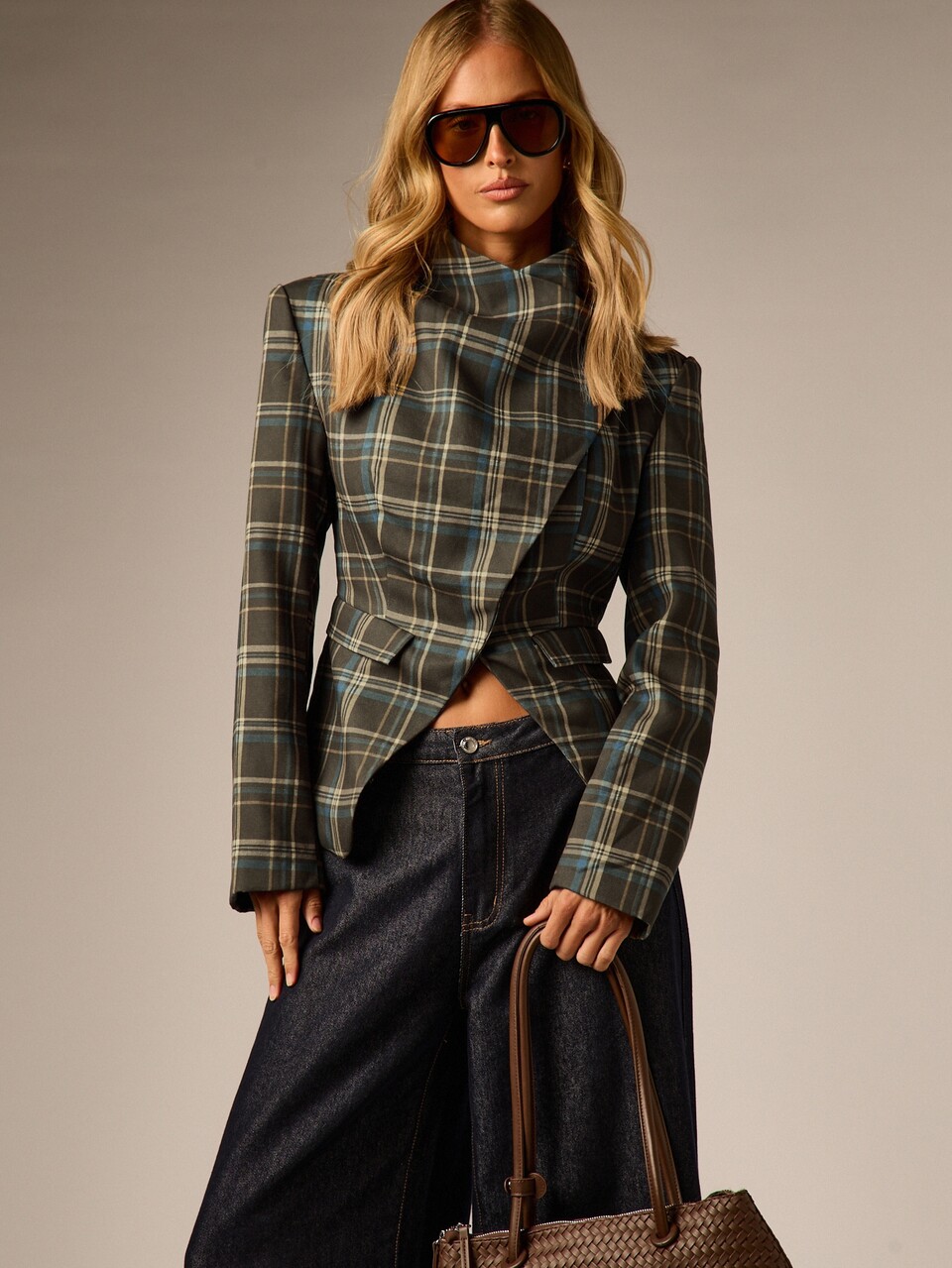 AiiRZ Cropped Plaid Blazer Jacket With Asymmetric Draped Lapel And Structured Shoulders For Fall Winter Tailored Style