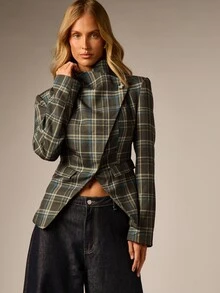 AiiRZ Cropped Plaid Blazer Jacket With Asymmetric Draped Lapel And Structured Shoulders For Fall Winter Tailored Style - Multicolor - View 5