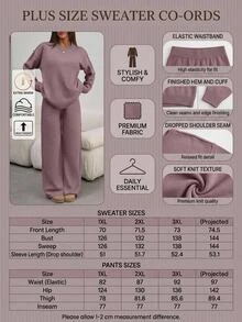 SHEIN Plus Size Women Dusty Pink Solid Color Round Neck Long Sleeve Rib - Dusty Pink - View 4